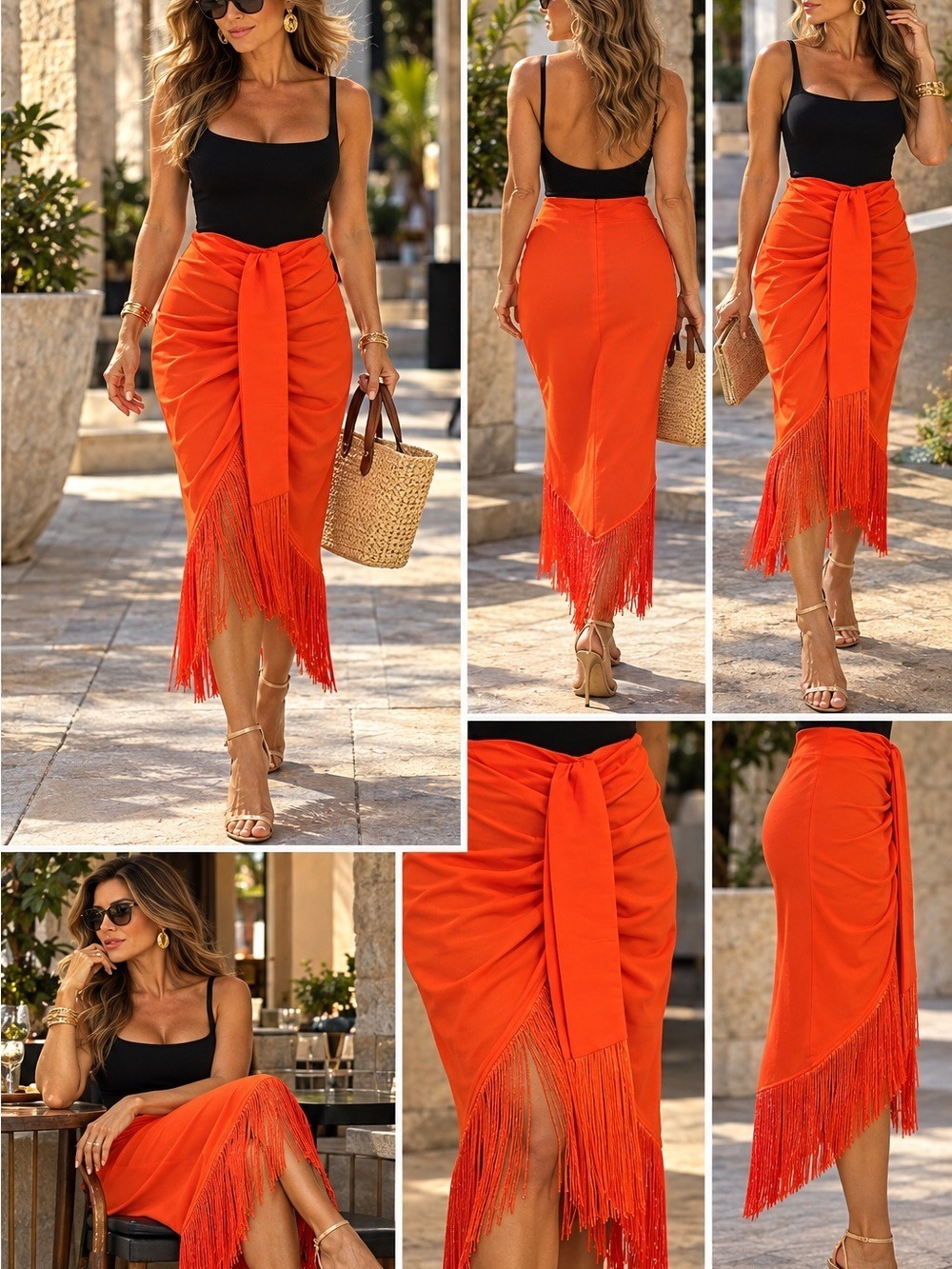 House of Harlow 1960 Orange Ruched Fringe Midi Skirt Sz S Boho Resort Statement - Picture 2 of 14